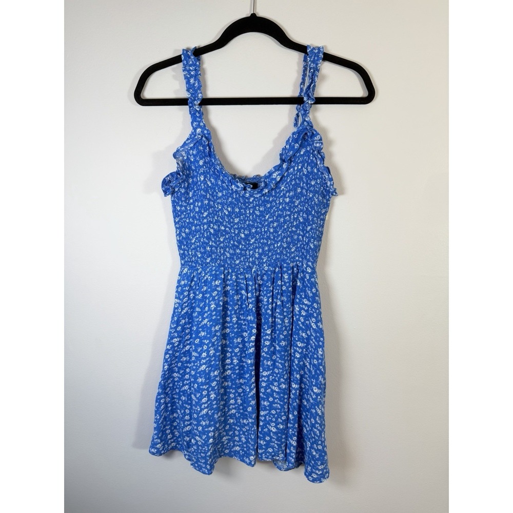 Lulus Blue White Floral Smocked Mini Dress Ruffle Sleeveless Cottagecore Size S